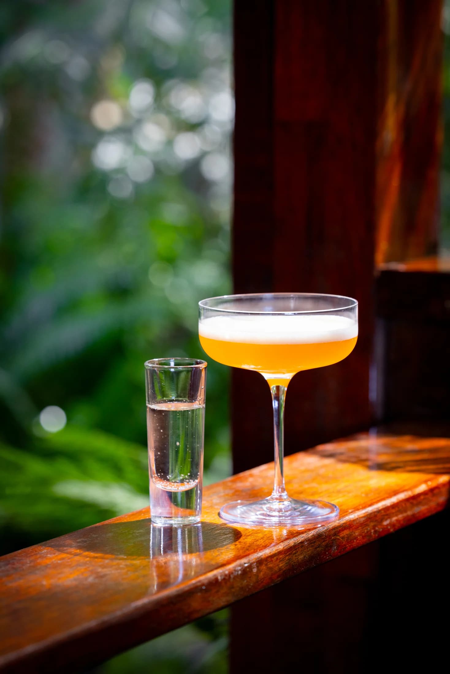 An orange cocktail on a timber windowsill overlooking the greenery at Daisy’s Place.