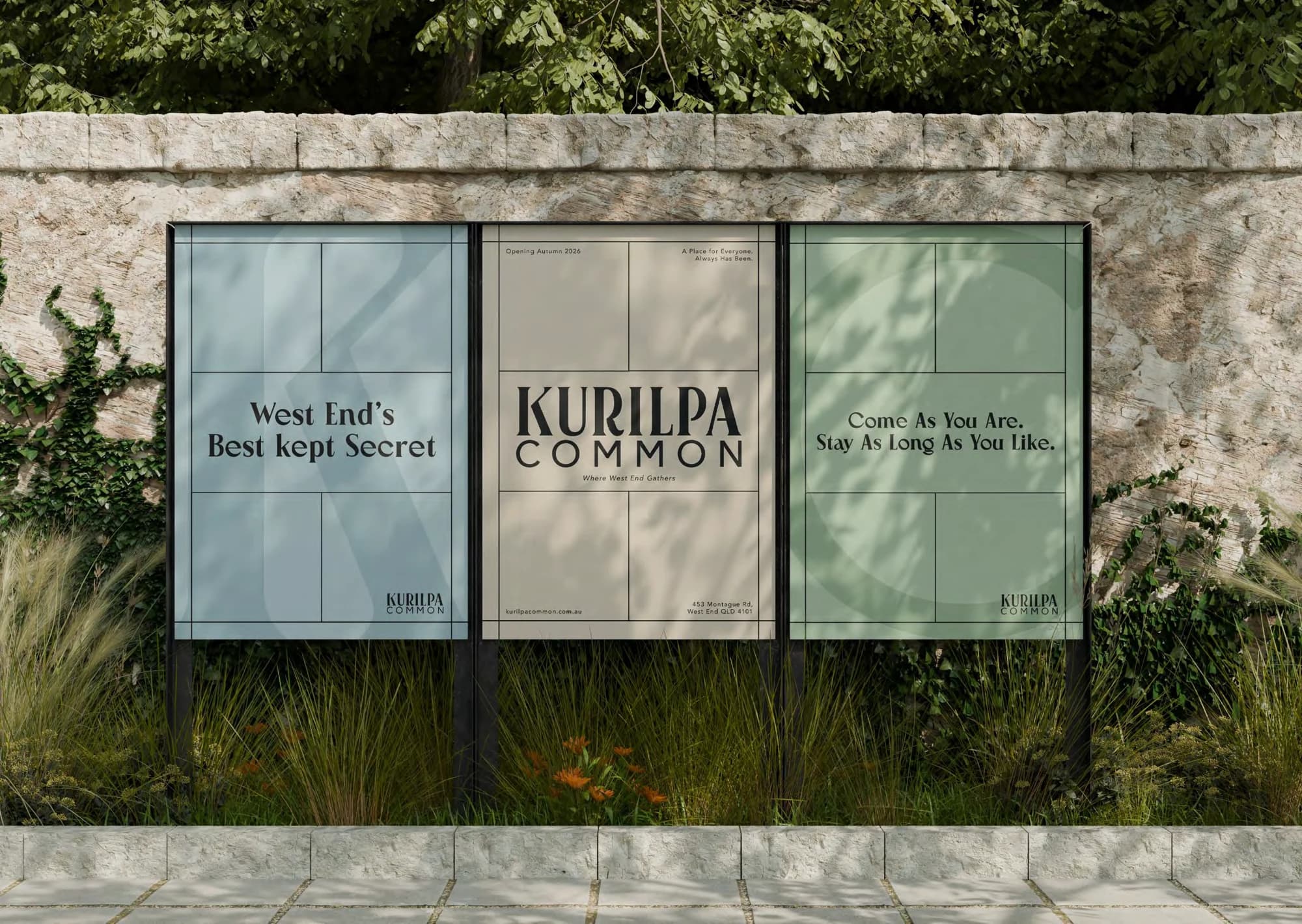 Three Kurilpa Common posters using a map-inspired grid and muted blue, sand and sage colours