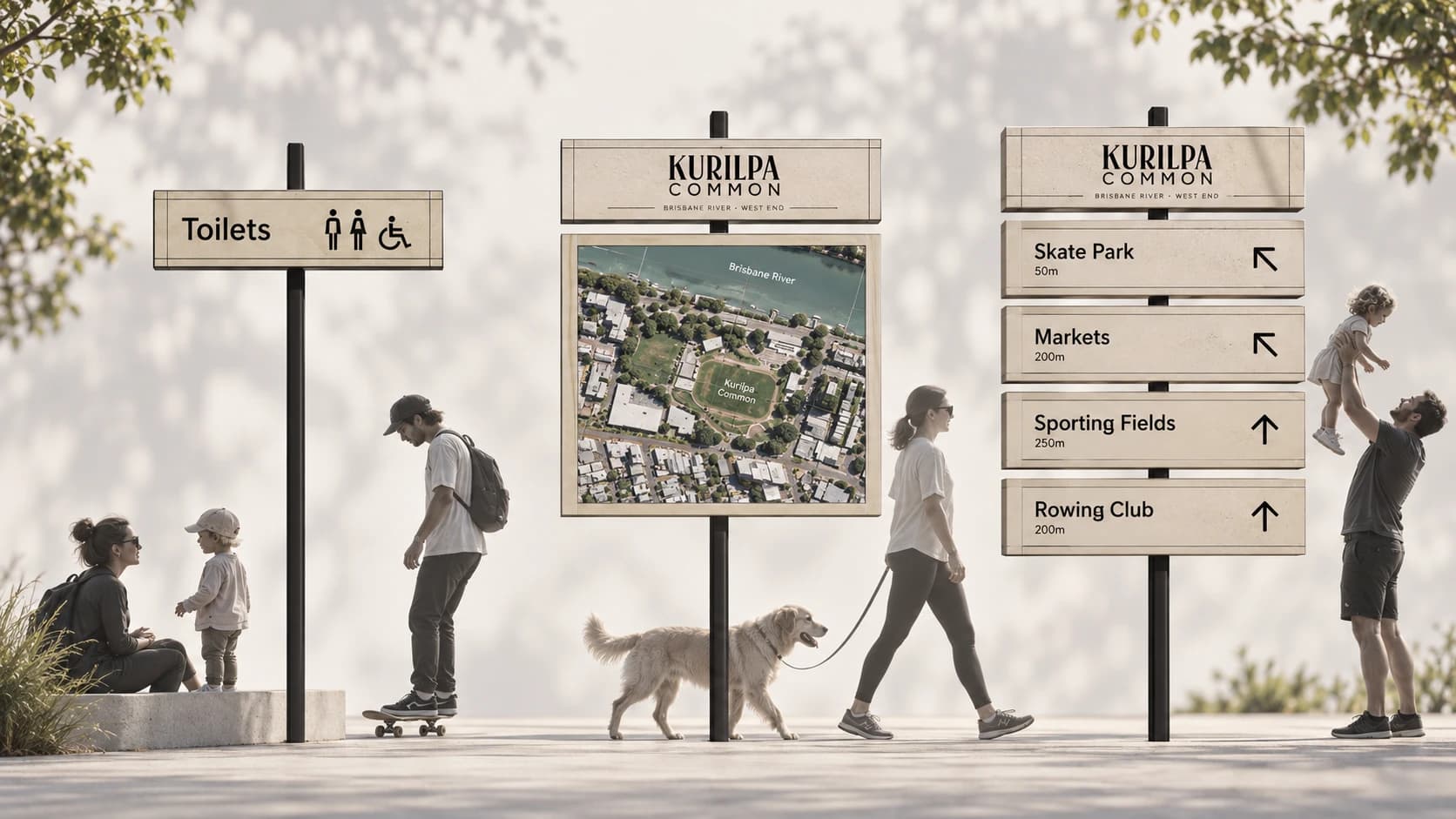 Proposed sand-coloured Kurilpa Common wayfinding signs with a park map, directions and amenity symbols